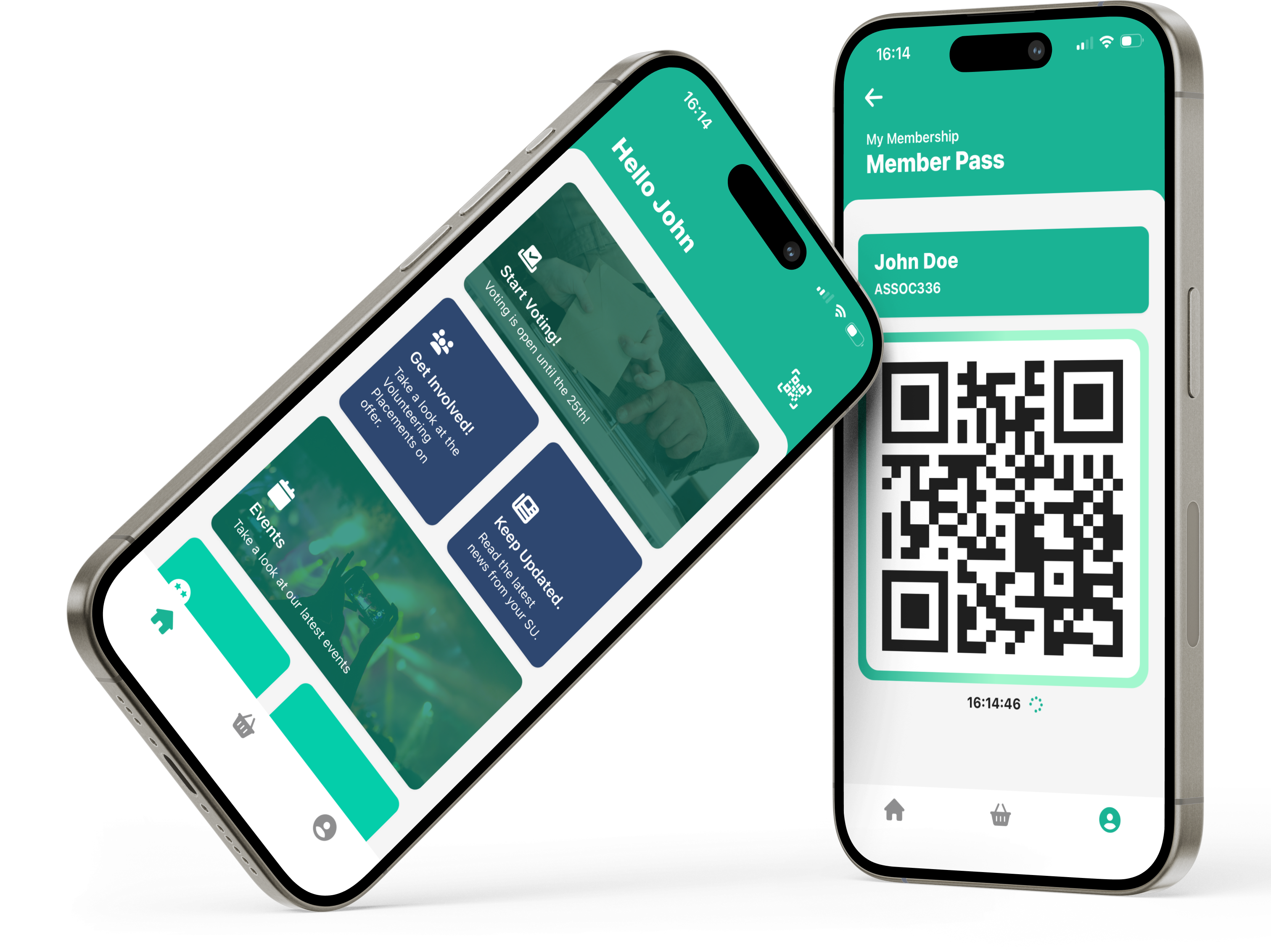 Mockup of two smartphones displaying the SU app. One shows the home screen with navigation icons and cards for volunteering, events, and updates; the other shows a digital member pass with the user's name and a QR code.